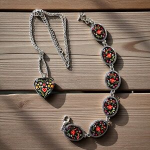 Heart and Floral Folk Art Necklace and Bracelet Set